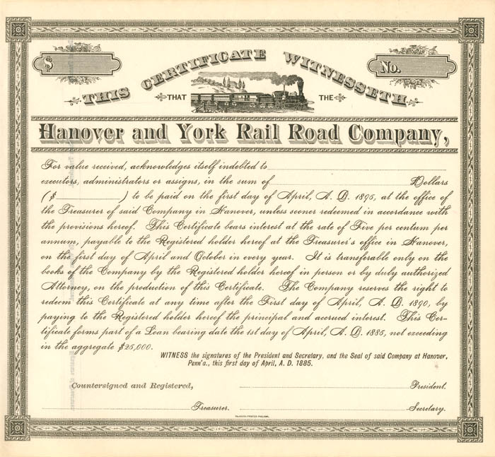 Hanover and York Rail Road Co. - Stock Certificate